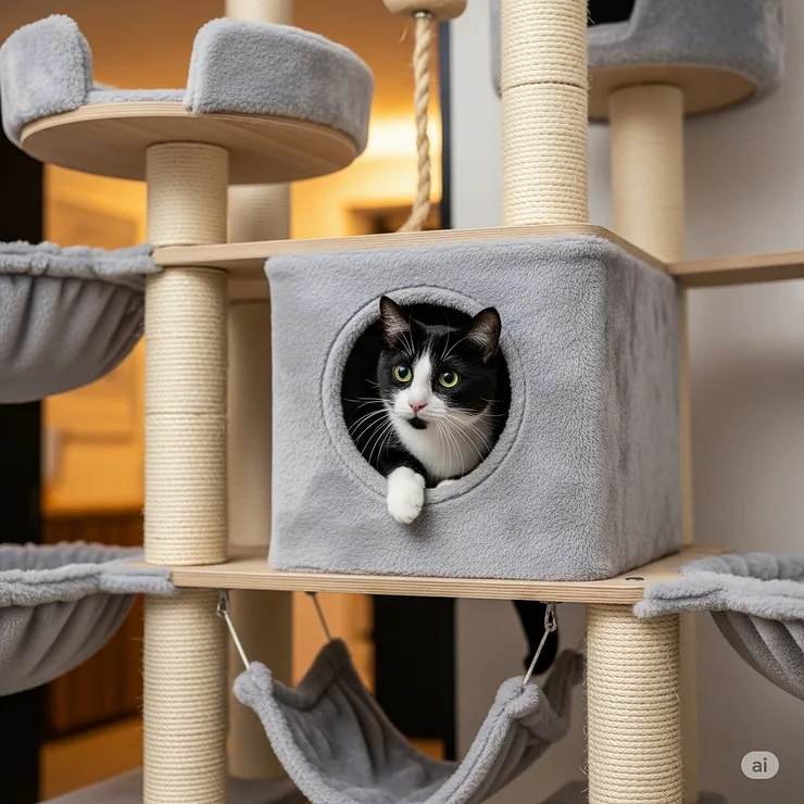 A black and white cat peeking out of a plush, enclosed condo within the floor to ceiling cat tree, a perfect hideaway.