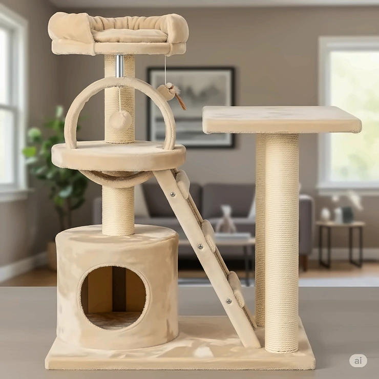 A side view of a cat tree for large cats, highlighting the reinforced perches and platforms.