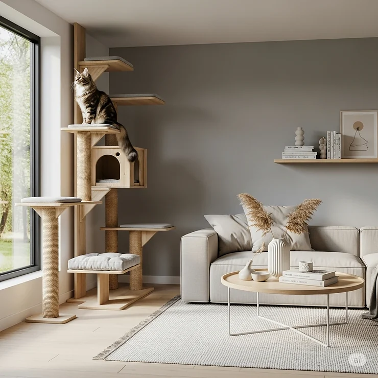 A stylish shot of the floor to ceiling cat tree for large cats integrated into a modern living room, showcasing how it complements home decor.