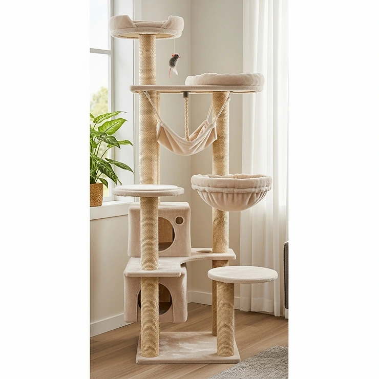 A side-angle view of the floor to ceiling cat tree, highlighting its multi-level design with various platforms for climbing and playing.
