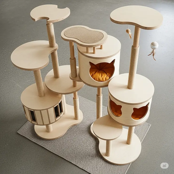 An overhead view of a multi-level mid-century modern cat tree, illustrating the various platforms, scratching surfaces, and cozy spots for cats.