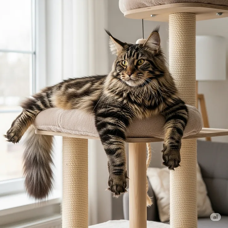 A large Maine Coon cat comfortably lounging on a spacious perch of a cat tree for large cats, demonstrating the ample space.