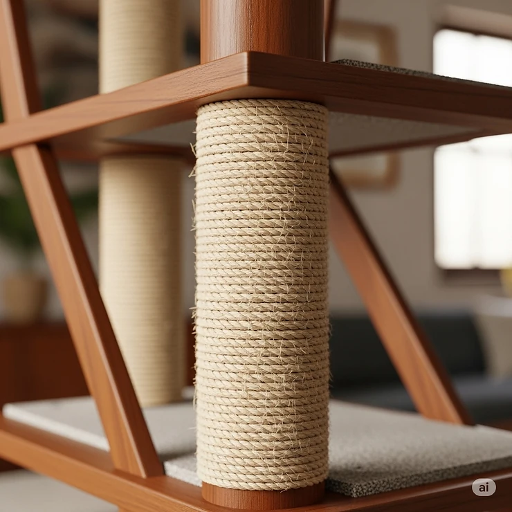 A close-up shot of the sisal scratching post on a mid-century modern cat tree, showing the durable material for cats to scratch.