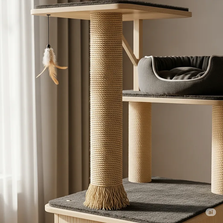 A sisal rope scratching post on the cat tree, designed to encourage healthy scratching habits and protect furniture.