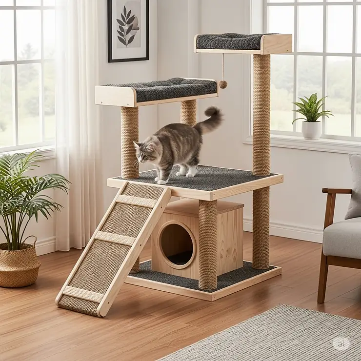 A heavy-duty cat tree with a sisal-covered ramp, offering an easy and accessible way for older or less agile large cats to climb.