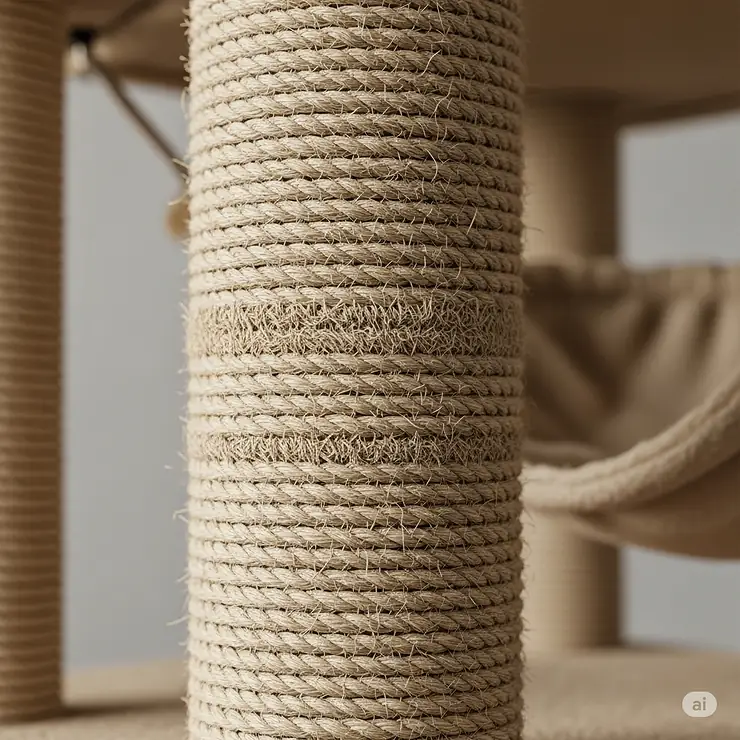 A detailed view of the thick, durable sisal rope wrapped around a scratching post on a cat tree built for large cats.