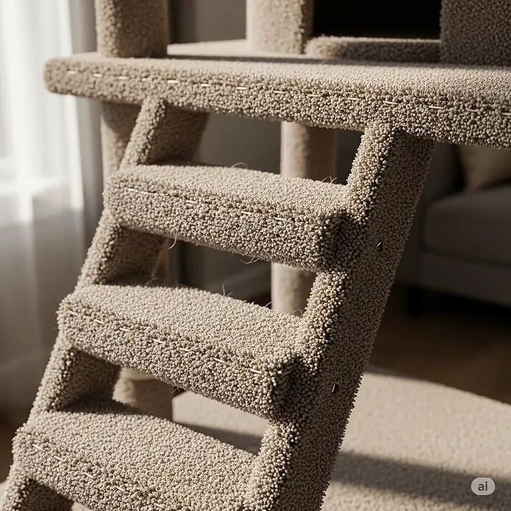 A detailed close-up of the carpeted stairs on the cat tree, providing easy access to higher platforms.
