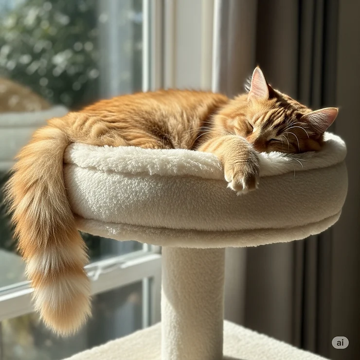 The soft, elevated top perch of the cat tree, providing a comfortable and high vantage point for your cat.