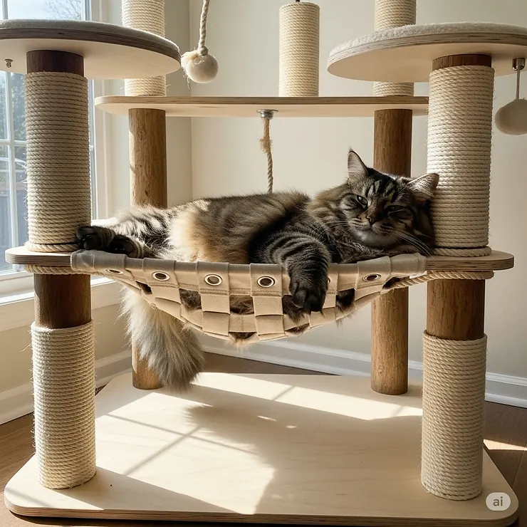 An extra-large cat relaxing in a reinforced hammock on a heavy-duty cat tree, demonstrating its strong construction.