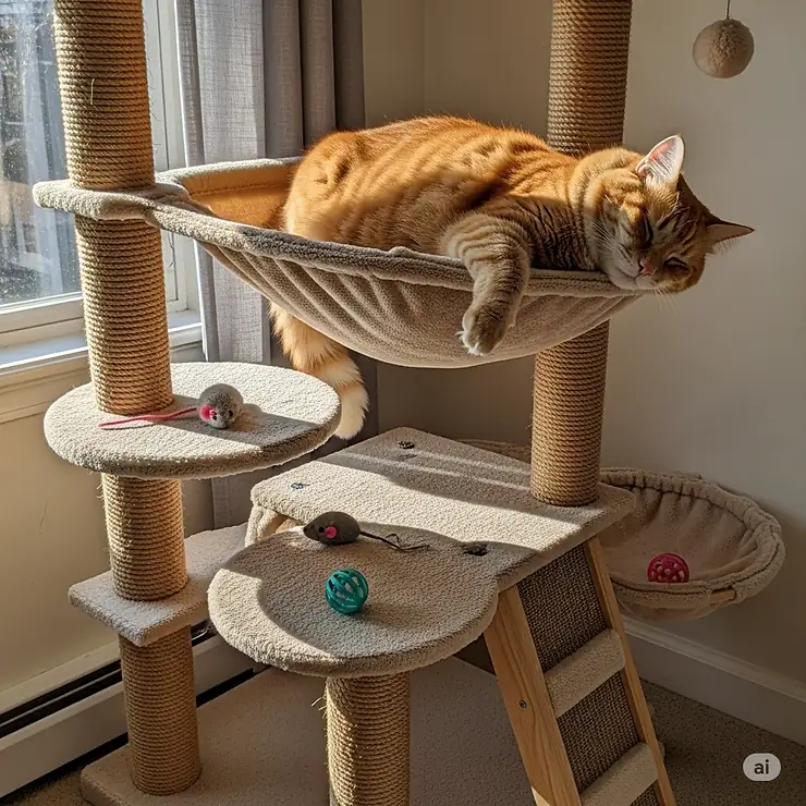 A sturdy cat tree featuring a large hammock-style bed, perfect for a portly cat to lounge in.
