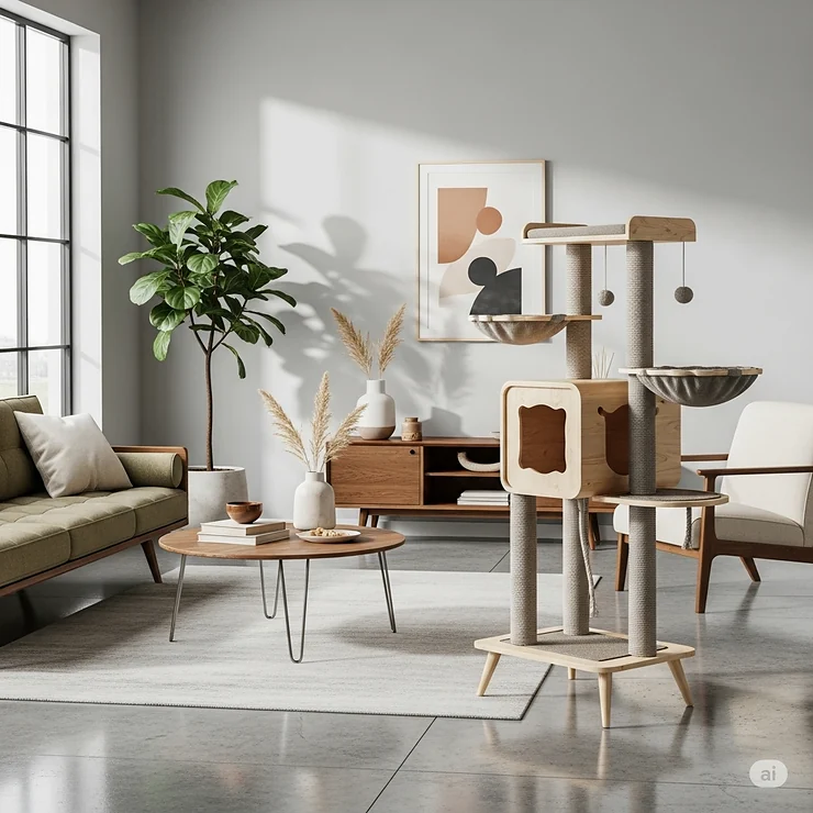 A full view of a modern living room featuring a mid-century modern cat tree, which complements the minimalist furniture and decor.