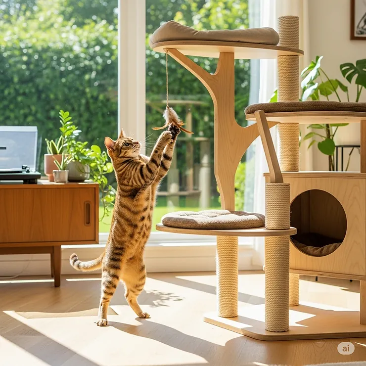 A cat batting at a dangling toy attached to a mid-century modern cat tree, emphasizing its engaging features for feline enrichment.