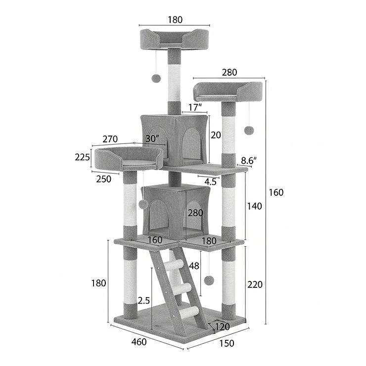 A diagram illustrating the specific height, width, and depth dimensions of the cat tree with stairs.