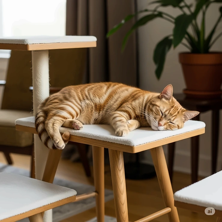 A cat rests on a sleek, elevated perch of a mid-century modern cat tree, highlighting its tapered wooden legs and minimalist design.