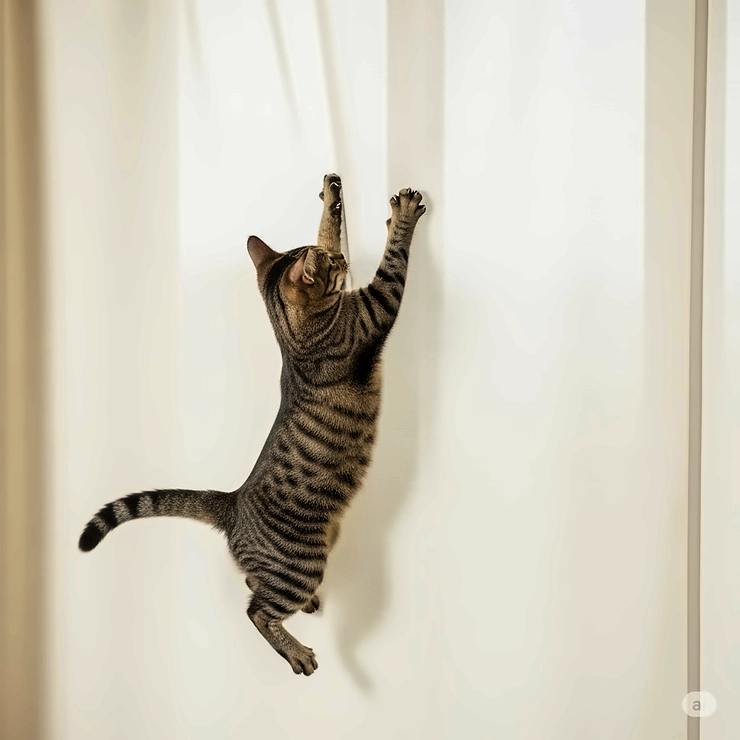 Depiction of a cat attempting but failing to climb a smooth, cat-proof curtain, demonstrating its un-climbable design.