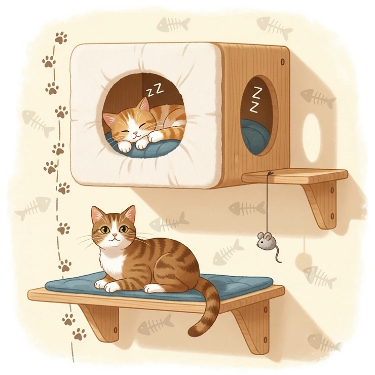 A cozy cat wall bed and perch illustration, highlighting a comfortable and elevated resting spot for cats.