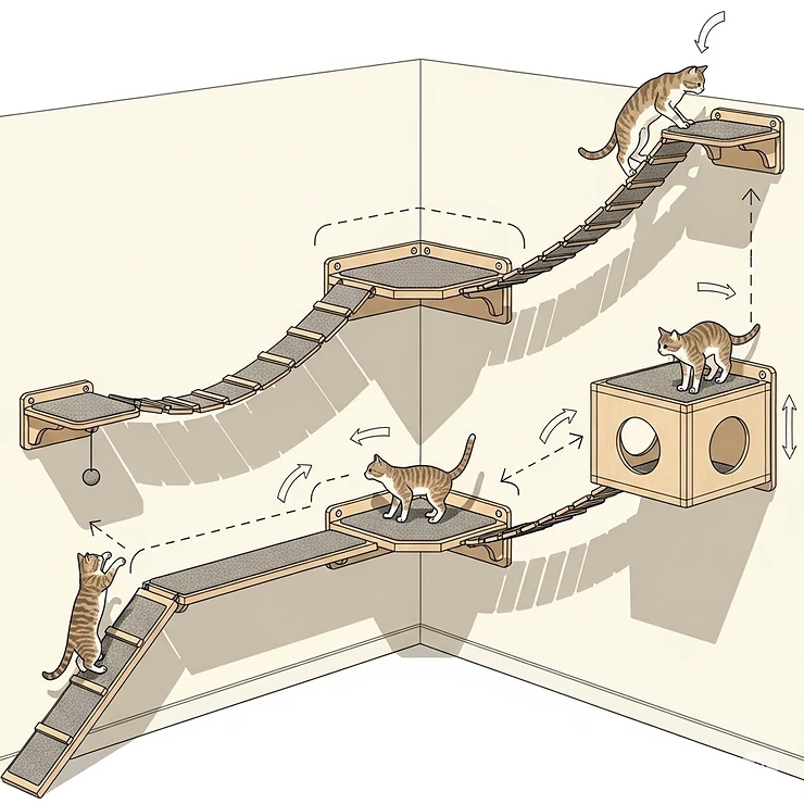 An illustration depicting how a cat wall bridge can be configured to navigate a corner, maximizing vertical space.