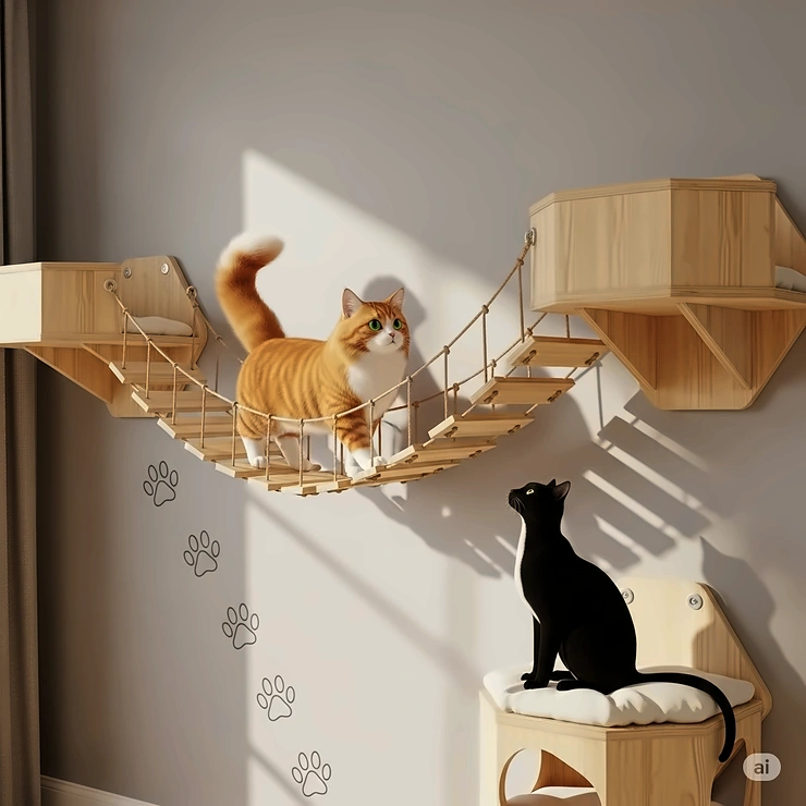 This illustration depicts a creative cat wall bridge connecting two platforms, offering a fun and engaging pathway for cats to explore their vertical territory.