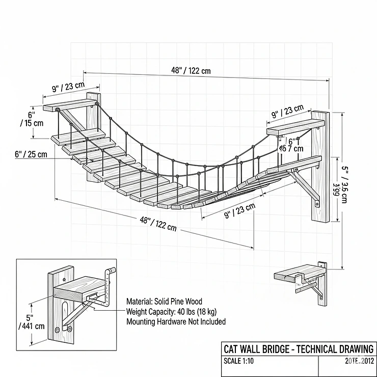 A technical drawing illustrating the dimensions and specifications of a standard cat wall bridge for installation planning.