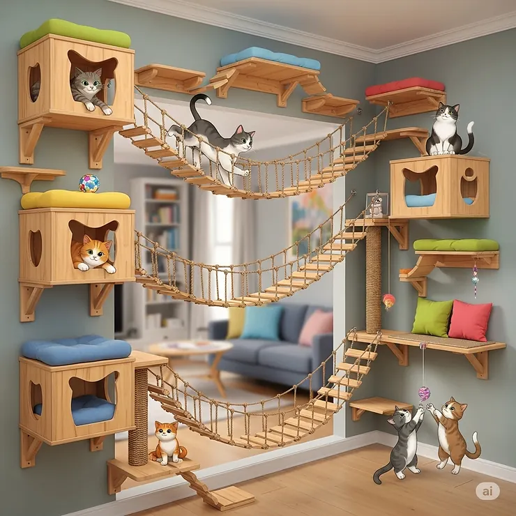 A conceptual illustration of an extensive cat wall system featuring multiple bridges, ideal for homes with several cats.