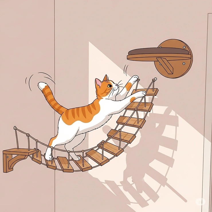 An illustration of a playful cat using a wall-mounted bridge to access a higher perch, demonstrating how a cat wall bridge provides enrichment.