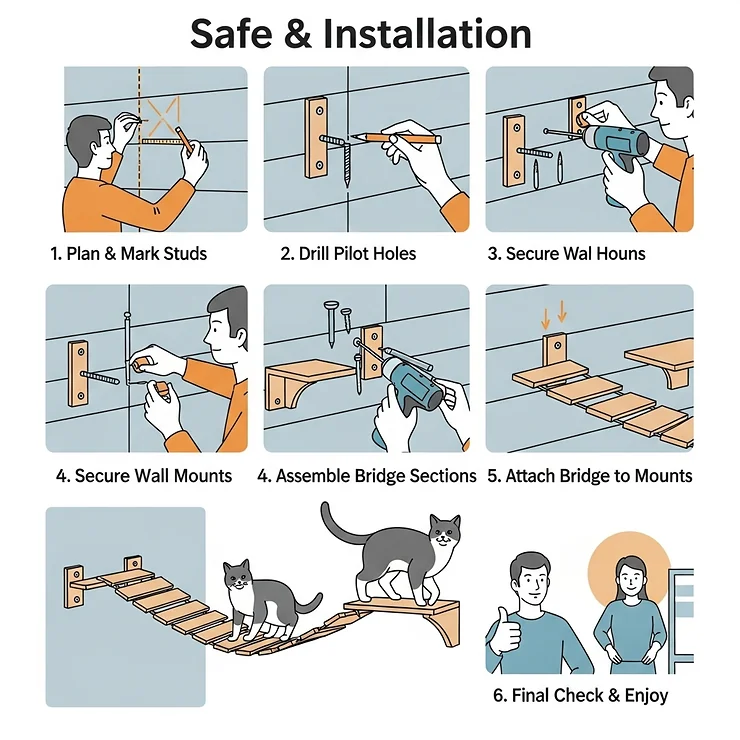 A step-by-step guide illustration detailing the safe and secure installation process for a cat wall bridge.
