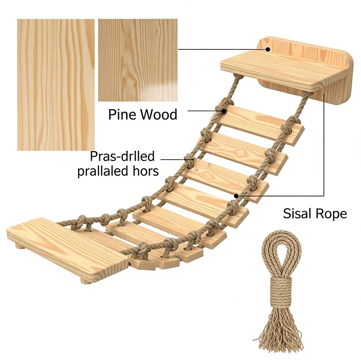 An illustration showing various materials used to construct a durable and safe cat wall bridge, such as pine wood and sisal rope.