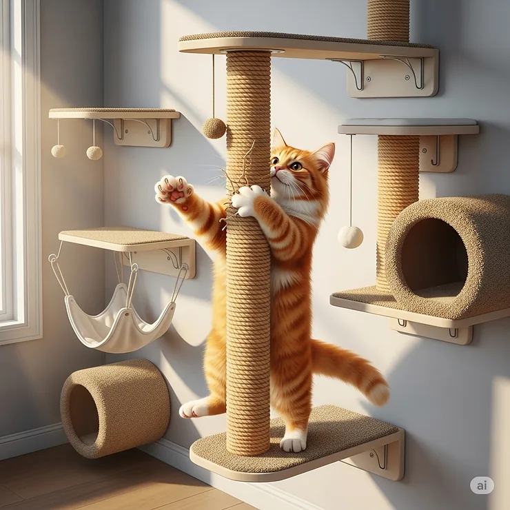 An illustration of a cat actively using a cat wall climbing pole, demonstrating its use as a scratching post and climbing tower.