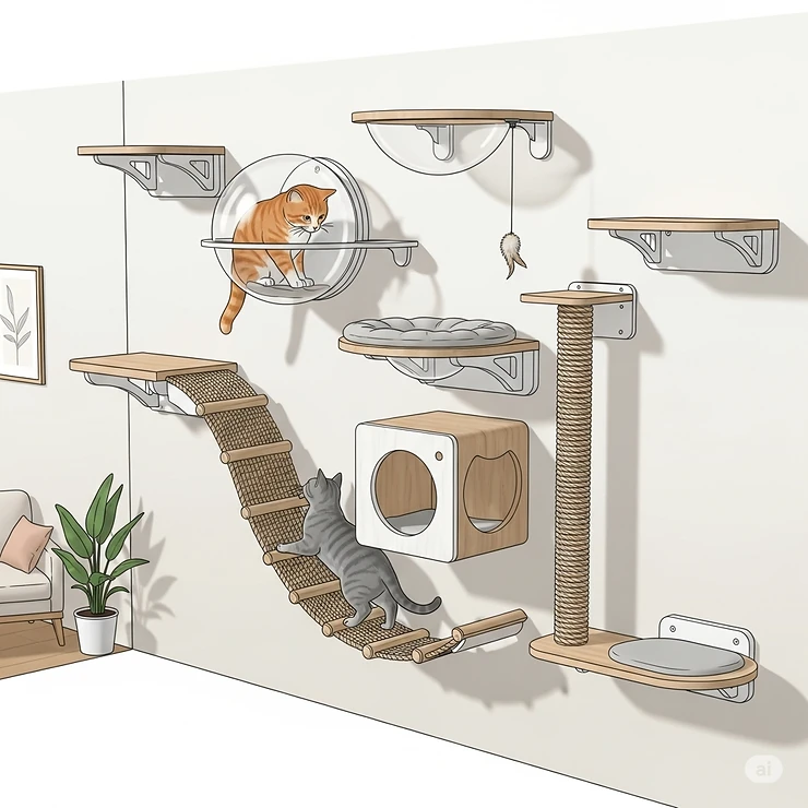 An illustration showing a space-saving cat wall design, ideal for providing enrichment for cats in a small apartment or home.