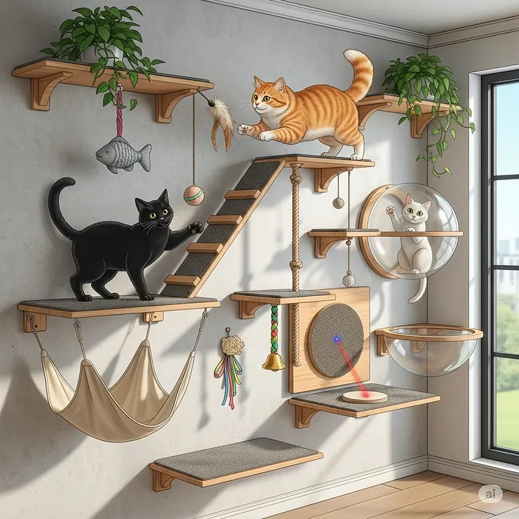 This illustration features a cat wall system integrated with various hanging toys, encouraging interactive play and exercise.