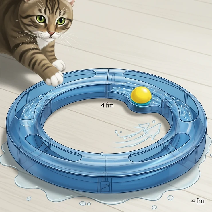 An illustration of a circular water track toy with a floating ball, providing endless entertainment for cats who love water.