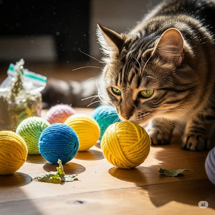 A collection of catnip-infused cat toy balls, one being sniffed by a curious cat.