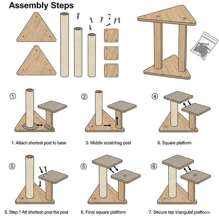 A diagram showing the simple assembly steps for a corner cat condo.
