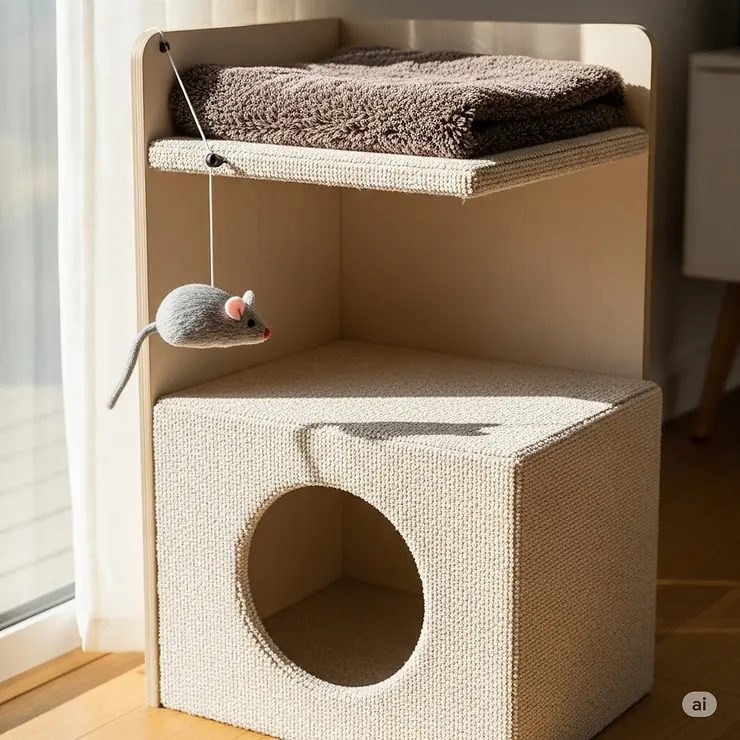 An attached toy, like a dangling mouse, on a corner cat condo to promote playful activity.