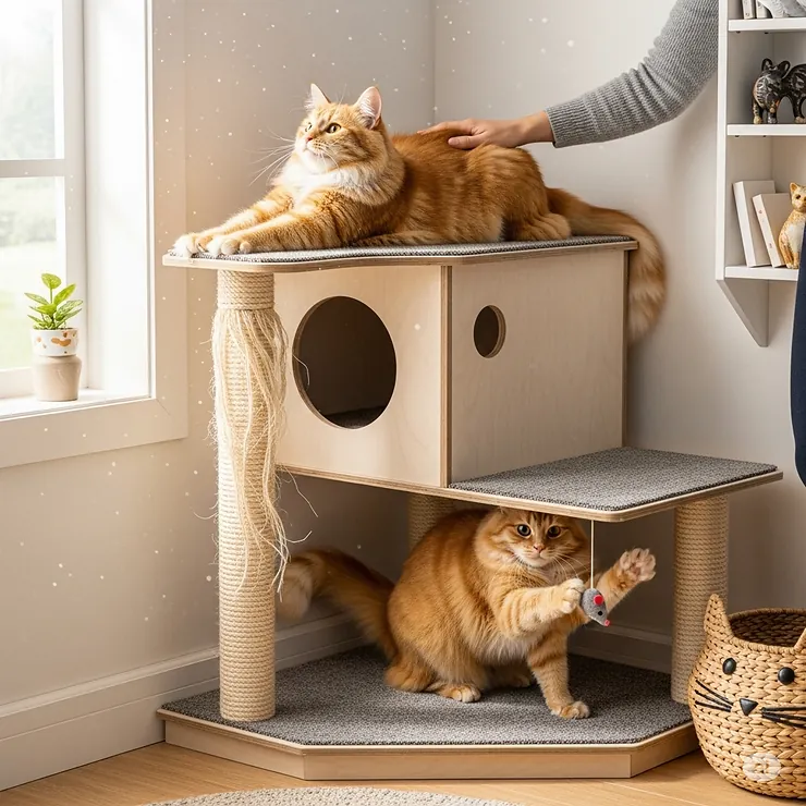 A happy customer's cat enjoying their new corner cat condo, illustrating its benefits.