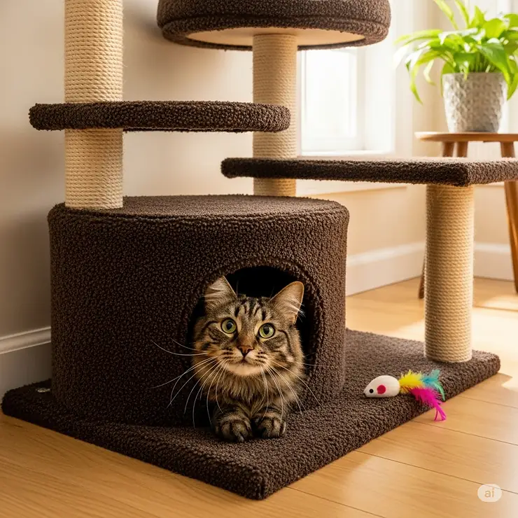 A cat peeking out of the cozy hideaway box at the base of a corner cat condo.