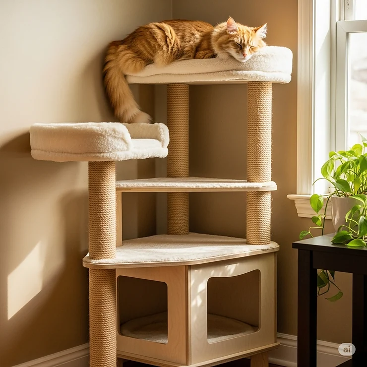 A cat lounging on one of the high perches of a corner cat condo, demonstrating the vertical space it provides.