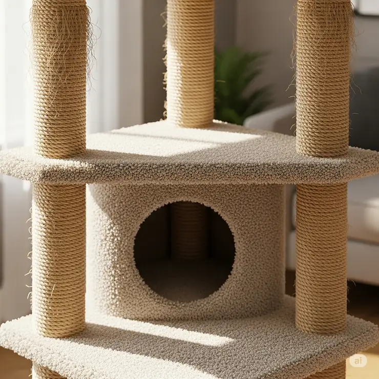A close-up of a corner cat condo showing sisal rope scratching posts, a durable texture cats love.