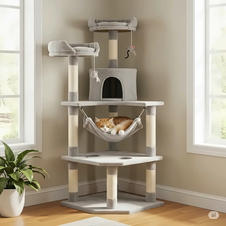 A tall corner cat tree with multiple levels and a hammock, designed to fit snugly into a room's corner.