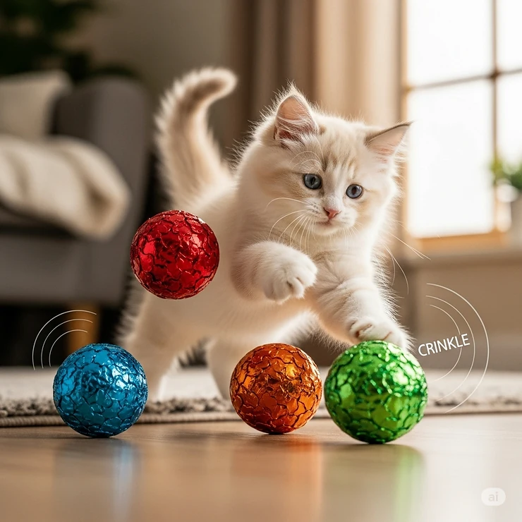 A kitten is seen playing with a variety of crinkle toy balls, enjoying the satisfying sound.