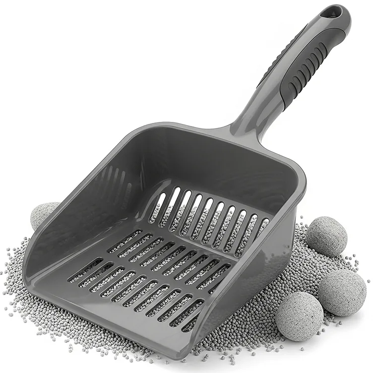 A large, deep-pan cat litter scoop suitable for handling large clumps from multiple cat households or bigger litter boxes.