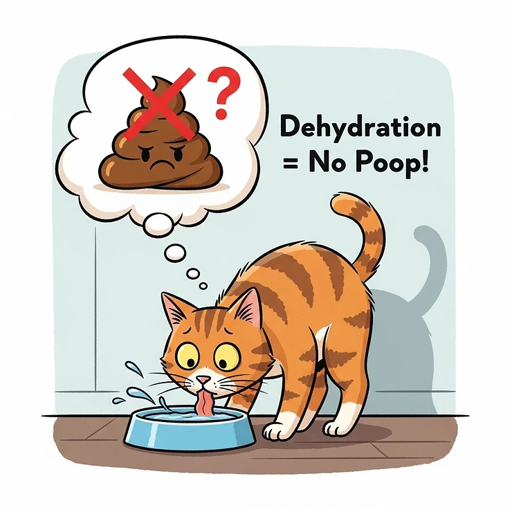 An illustration of a cat drinking from a water bowl, emphasizing that dehydration is a primary cause of cats not pooping.