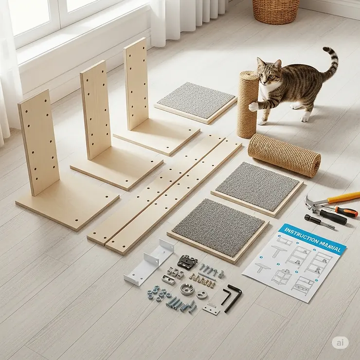 An image showing the components of a DIY bookshelf cat tree before assembly, emphasizing its easy-to-build nature.