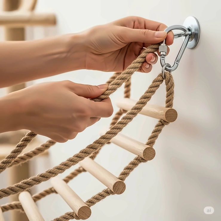 A close-up shot of a human's hands installing a DIY rope cat bridge, highlighting the easy assembly process.