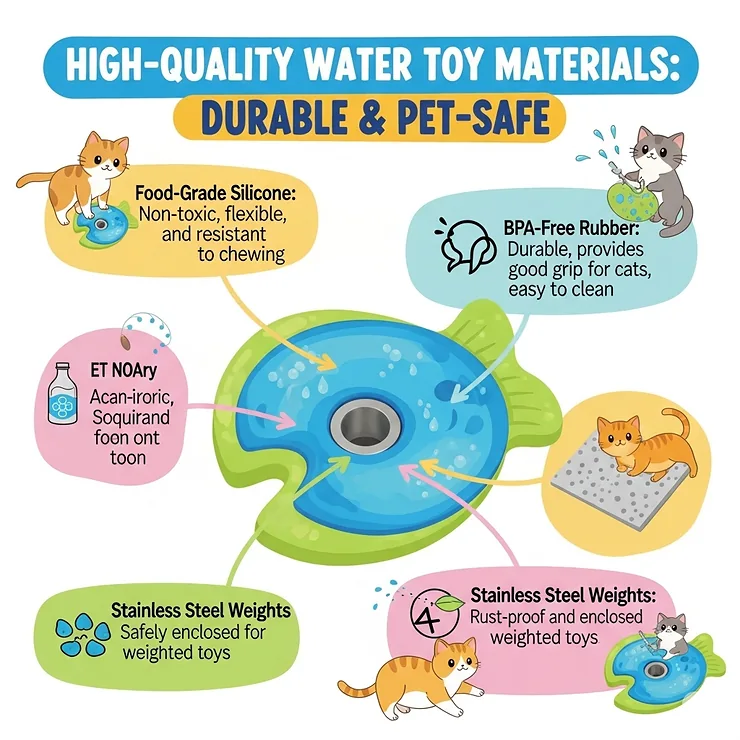 An infographic highlighting the durable, pet-safe materials used in high-quality water toys for cats, ensuring longevity and safety.