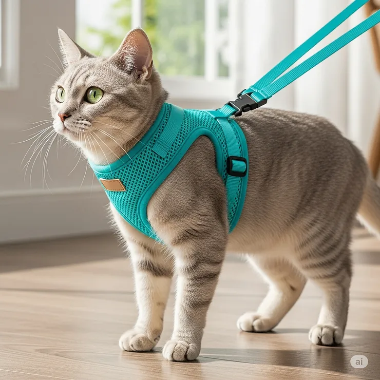A snug, escape-proof cat harness with a secure buckle and a breathable mesh design.