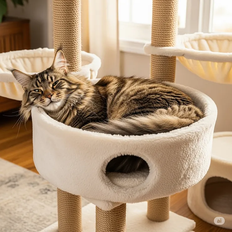 A happy, large cat comfortably curled up in a spacious cubby on a cat tree for bigger felines.
