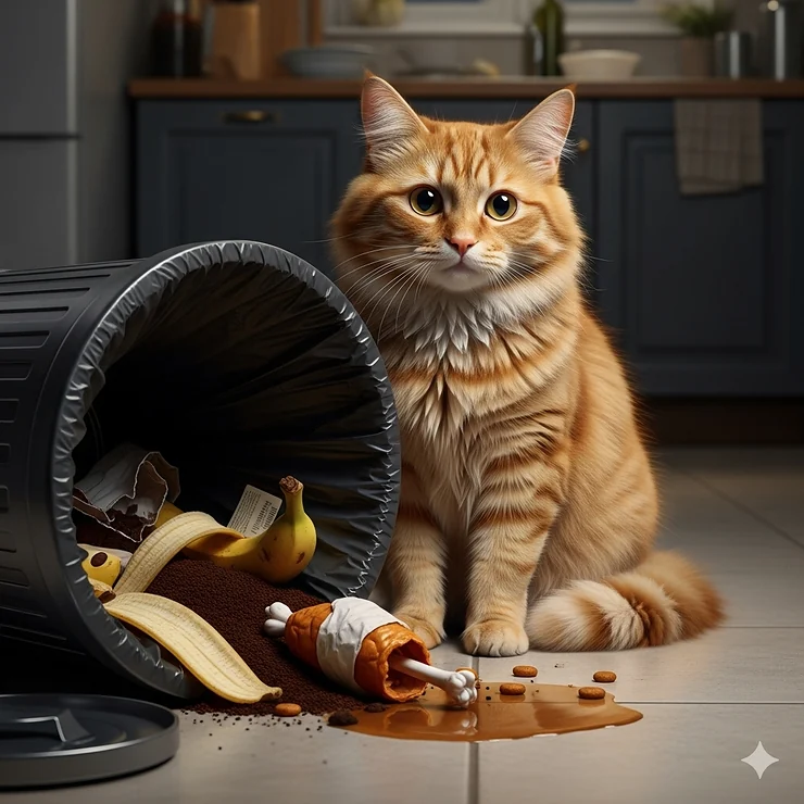 A cat next to a spilled garbage can, suggesting dietary indiscretion as a cause of feline diarrhea.