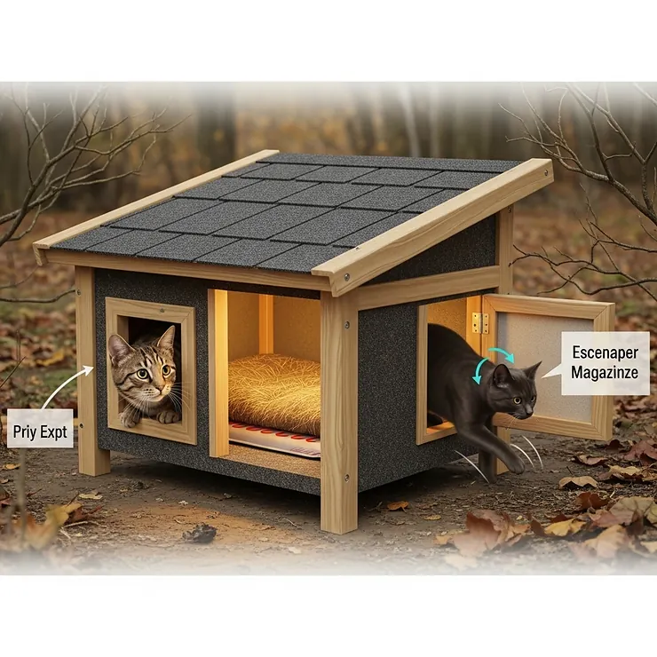 An illustration of a heated outdoor cat shelter with two exits, showcasing a key safety feature that allows feral cats to escape if a predator enters.