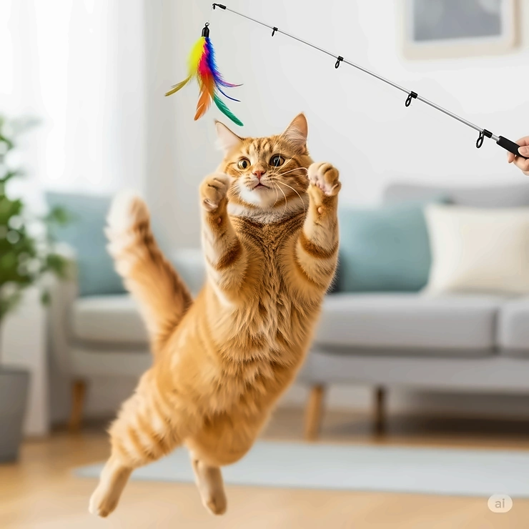 A happy orange cat actively playing with a fishing pole toy, leaping to catch the feather lure.
